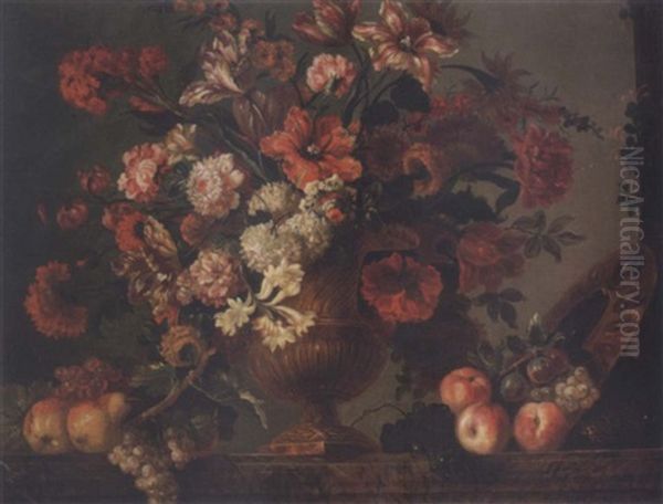 Still Life Of Flowers In An Urn With Fruit Resting On A Marble Ledge Oil Painting by Pierre Nicolas Huilliot