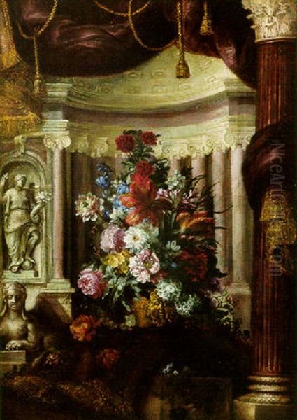 A Still Life Of Flowers Set Within An Architectural Niche Oil Painting by Pierre Nicolas Huilliot