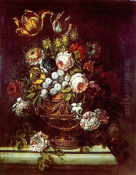 Bouquet De Fleurs Dans Un Vase A Piedouche Et Mascaron Oil Painting by Pierre Nicolas Huilliot