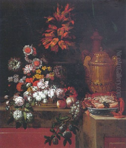 Still Life Of Gilt And Porphyry Urns And A Dish Of Crabs And Prawns Beside A Basket Of Flowers, Grapes, Peaches And Plums Oil Painting by Pierre Nicolas Huilliot