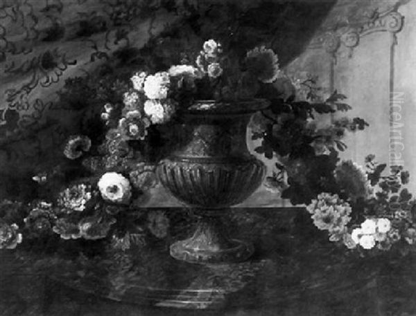 Still Life Of A Garland Of Flowers Draped Over A Sculpted Urn, Resting On A Marble Ledge Oil Painting by Pierre Nicolas Huilliot