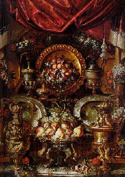 Buffet Still Life Of Elaborate Gilt And Silver Vessels And Platters With Flowers And Fruit In A Draped Niche Oil Painting by Pierre Nicolas Huilliot