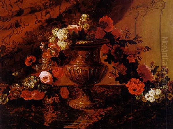 Still Life Of A Garland Of Flowers Draped Over A Sculpted Urn Oil Painting by Pierre Nicolas Huilliot