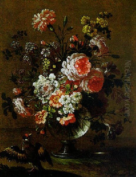 Still Life Of Flowers In A Vase With A Bird Oil Painting by Pierre Nicolas Huilliot