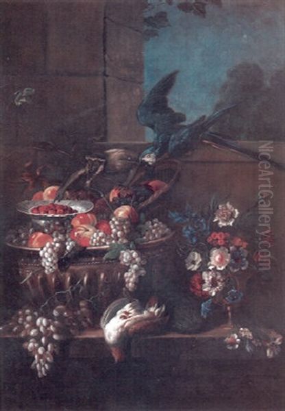 A Still Life With Fruit In An Urn And Flowers In A Vase On A Ledge With Monkey And A Parrot Perched On A Sill Above Oil Painting by Pierre Nicolas Huilliot