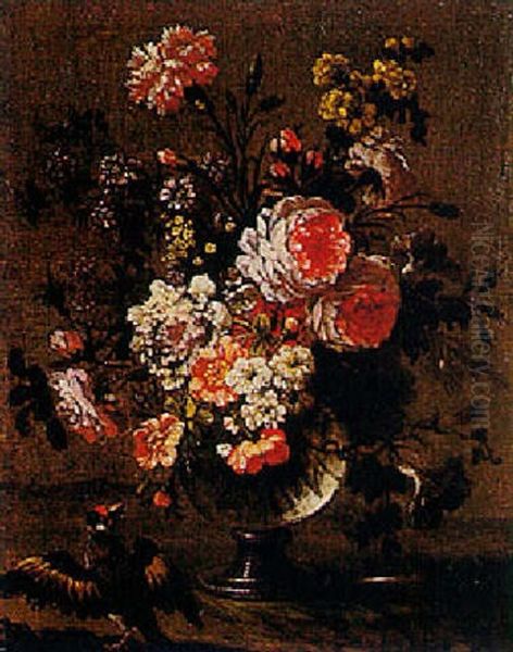 Bouquets De Fleurs Dans Des Vases En Verre Avec Deux Petits Oiseaux Oil Painting by Pierre Nicolas Huilliot