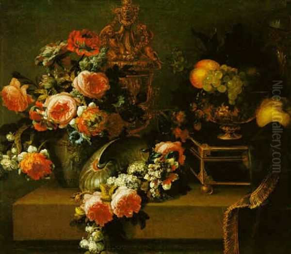 Still Life Of Flowers In An Urn On A Stone Ledge Oil Painting by Pierre Nicolas Huilliot