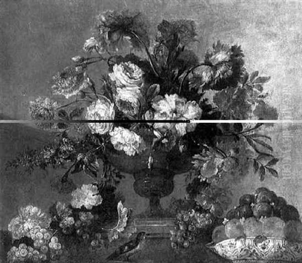 Bouquet De Fleurs Dans Un Vase En Bronze Et Coupe De Fruits Sur Un Entablement Oil Painting by Pierre Nicolas Huilliot