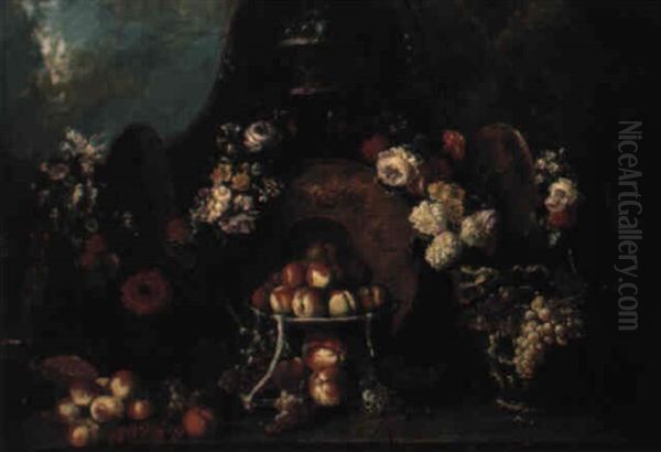 Nature Morte Aux Peches, Guirlande De Fleurs Et Pieces D'orfevrerie Oil Painting by Pierre Nicolas Huilliot