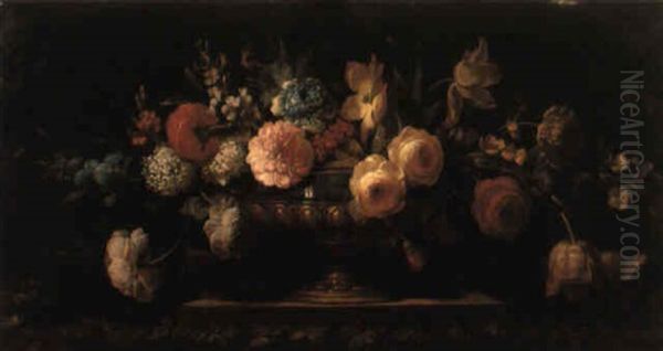 Roses, Orillets, Lilas Et Autres Fleurs Dans Une Coupe Sur Un Socle Oil Painting by Pierre Nicolas Huilliot