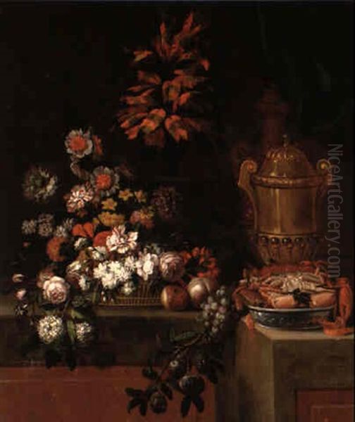 Stilleben Von Blumen, Fruchten Und Steinvasen Oil Painting by Pierre Nicolas Huilliot