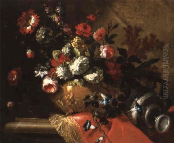 Vase De Fleurs Sur Une Draperie Rouge Oil Painting by Pierre Nicolas Huilliot