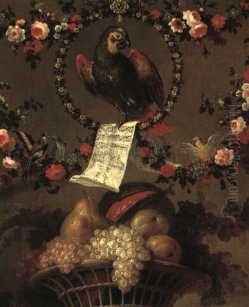 Still Life Of A Parrot Clutching A Music Score Perched Within A Hoop. . . Oil Painting by Pierre Nicolas Huilliot