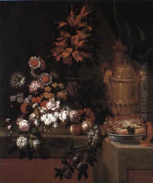 Still Life Of Fruit, Flowers, Crabs, Urn Oil Painting by Pierre Nicolas Huilliot