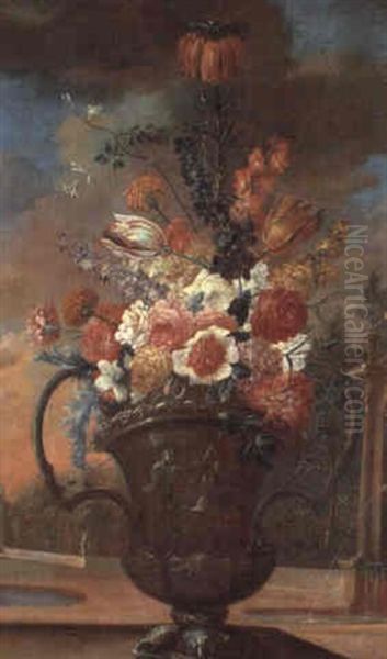 Still Life With A Crown Imperial And Other Flowers In An Urn By A Fountain Oil Painting by Pierre Nicolas Huilliot