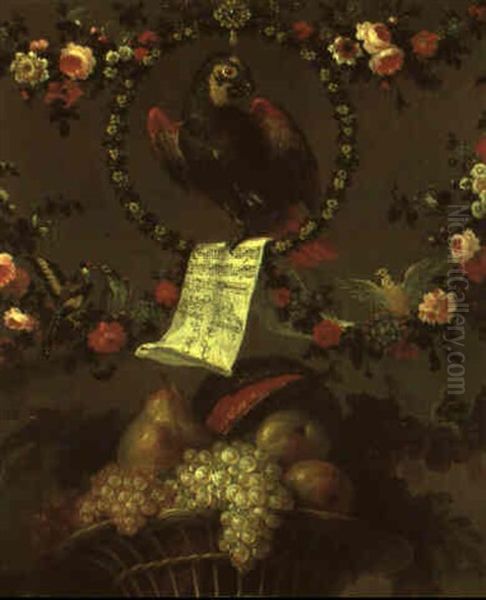 Still Life With Parrot Clutching Music Score Withing A Hoop Of Flowers Oil Painting by Pierre Nicolas Huilliot