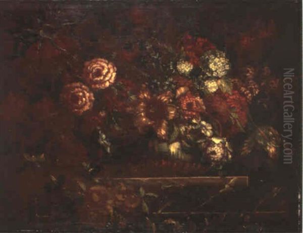 Vase De Fleurs Sur Un Entablement: Tulipes, Pivoines,       Chardons Et Boules De Neige Oil Painting by Pierre Nicolas Huilliot