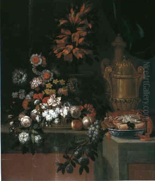 Stilleben Mit Blumen, Fruchten, Schalentieren Und Einer     Porphyrvase Oil Painting by Pierre Nicolas Huilliot