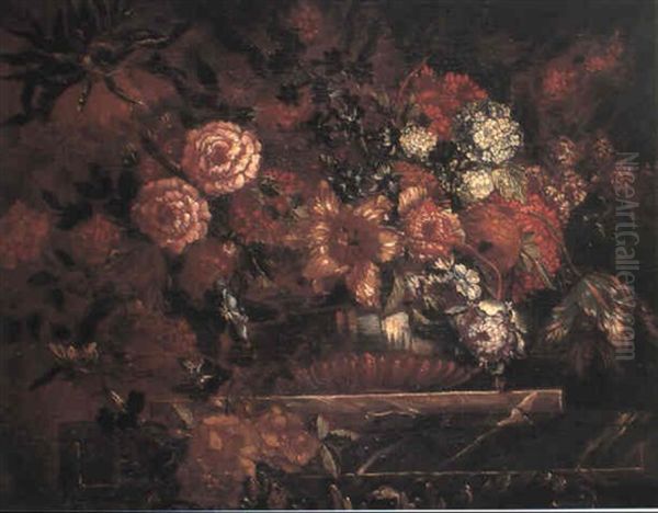 Vase De Fleurs Sur Un Entablement: Tulipes, Pivoines,       Chardons Et Boules De Neige Oil Painting by Pierre Nicolas Huilliot