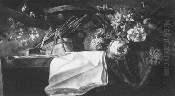 Still Life With Flowers, A Palette And Paint Brushes, Sheetsof Paper And Other Objects, All On A Table Oil Painting by Pierre Nicolas Huilliot