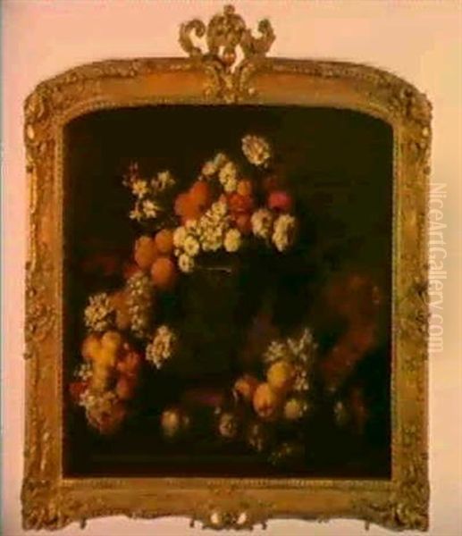 Vases De Fleurs Et Fruits Sur Un                            Entablement Oil Painting by Pierre Nicolas Huilliot