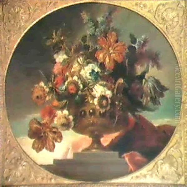 Bouquets De Fleurs Dans Un Vase En Bronze A L'antique Sur   Fond De Ciel Oil Painting by Pierre Nicolas Huilliot