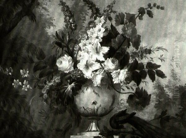 Still Life Of Flowers In An Urn With A Bird In A Garden     Setting Oil Painting by Pierre Nicolas Huilliot