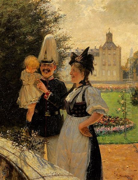 Gardist In Ausgehuniform Scherzt Mit Seinem Kind, Daneben Die Mutter In Badischer Tracht Oil Painting by Hermann Huisken