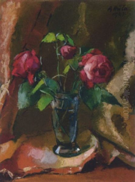 Glas Mit Rosen Oil Painting by Anton Hula