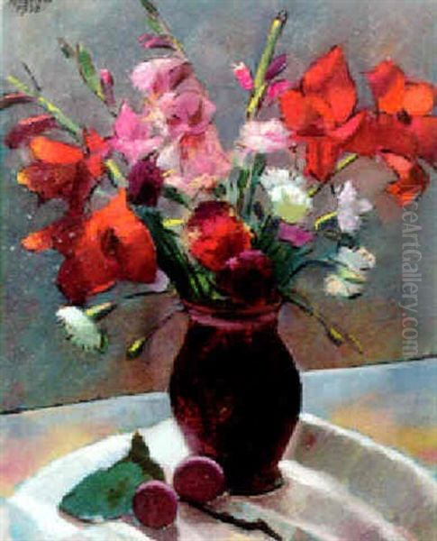 Blumenvase Mit Gladiolen Oil Painting by Anton Hula