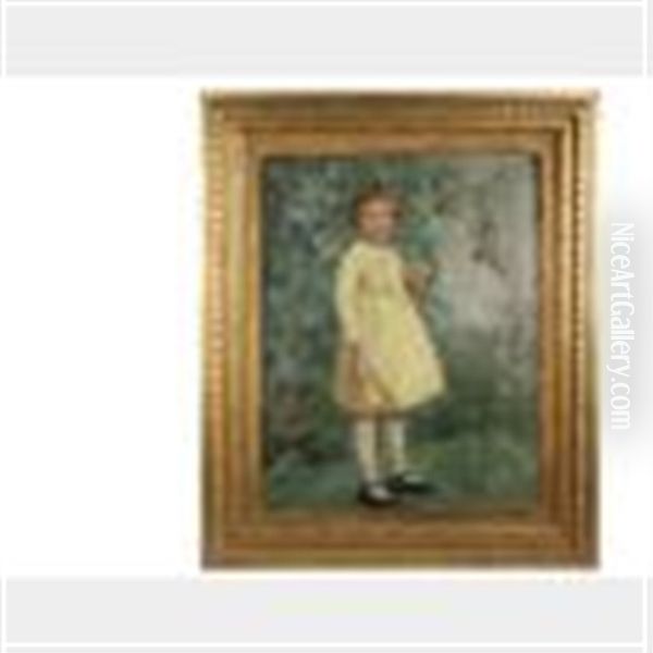 Young Red Haired Girl In A Yellow Pinafore Holding Her Tabby Kitten Oil Painting by Charles Allen Hulbert