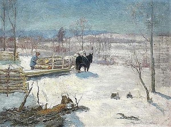 Logging In New England, Winter Oil Painting by Charles Allen Hulbert