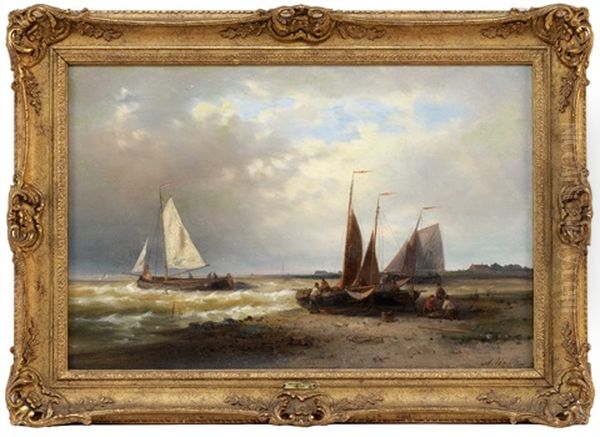 Fishing Boats Unloading Their Catch Onshore Oil Painting by Abraham Hulk the Elder