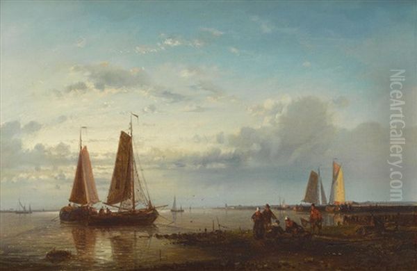 Fishing Boats At Anchor' And 'fishing Boats In Choppy Sea' (a Pair) Oil Painting by Abraham Hulk the Elder