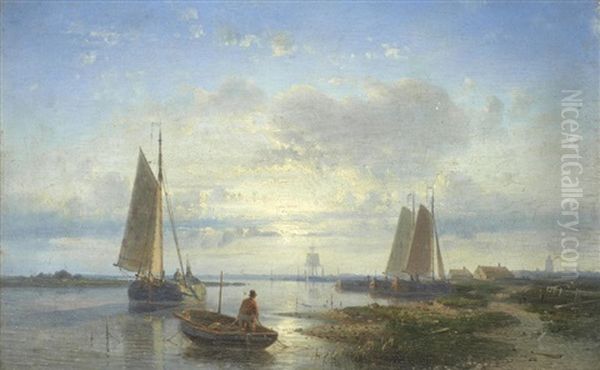 A Tranquil Estuary Scene Oil Painting by Abraham Hulk the Elder