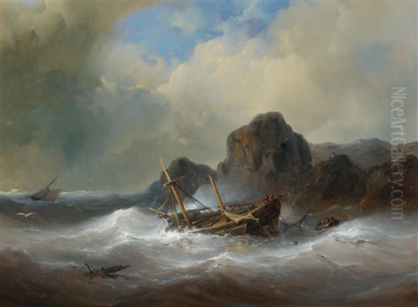 Shipwreck Off A Rocky Coast Oil Painting by Abraham Hulk the Elder