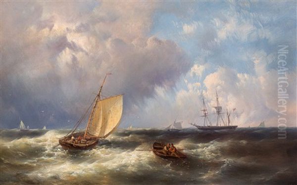 Ships With Fishermen And Figures In A Rowing Boat On The North Sea In Stormy Weather Oil Painting by Abraham Hulk the Elder