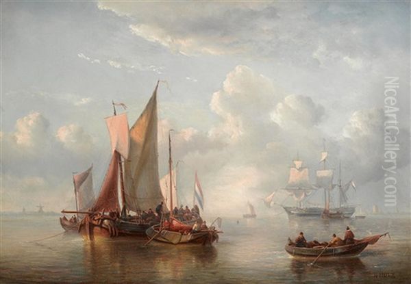 Dutch Coastal Vessels With Windmills In The Distance Oil Painting by Abraham Hulk the Elder