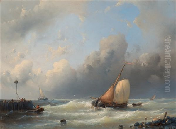 Entering Beurtvaart Ships Near A Pier Oil Painting by Abraham Hulk the Elder