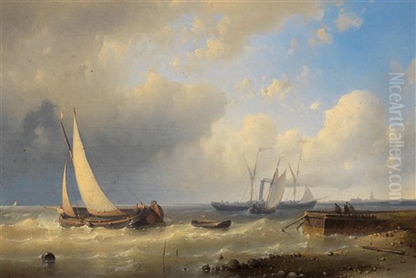 Fishing Boats And A Steamship Near The Coast Oil Painting by Abraham Hulk the Elder