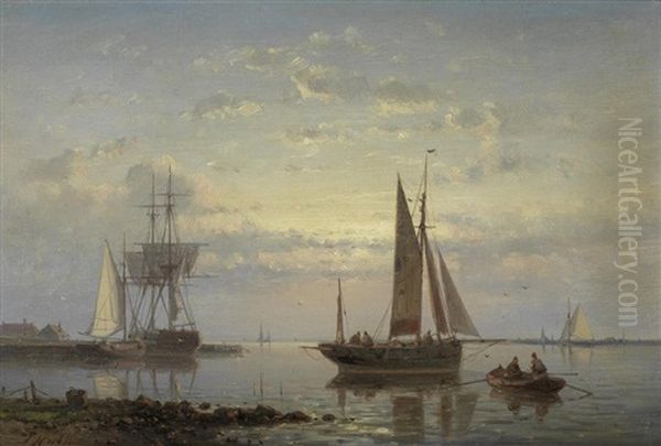 Moored Fishing Boats At Sunset Oil Painting by Abraham Hulk the Elder