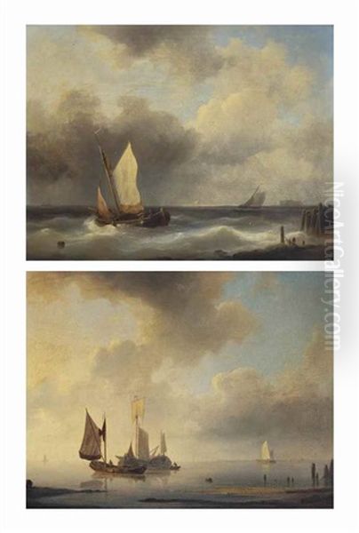 Shipping On A Calm Sea; And A Sailing Boat Near The Coast Oil Painting by Abraham Hulk the Elder