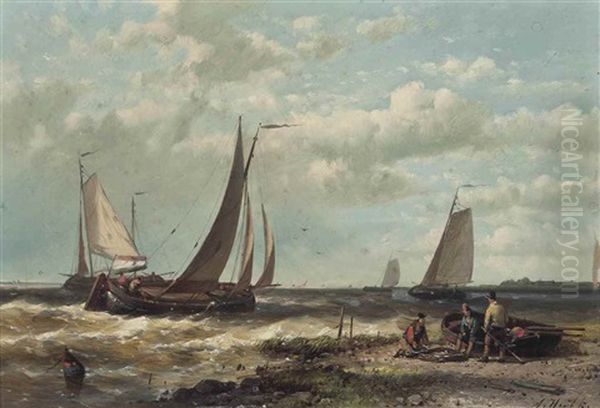 Fishing Boats On Choppy Waters Oil Painting by Abraham Hulk the Elder