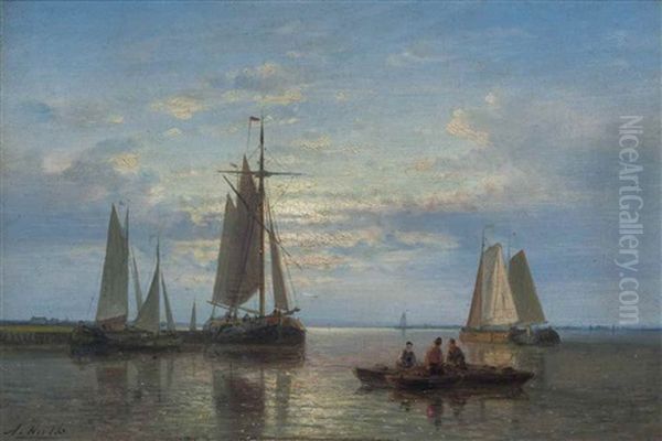 Fishing Vessels On Calm Waters Oil Painting by Abraham Hulk the Elder