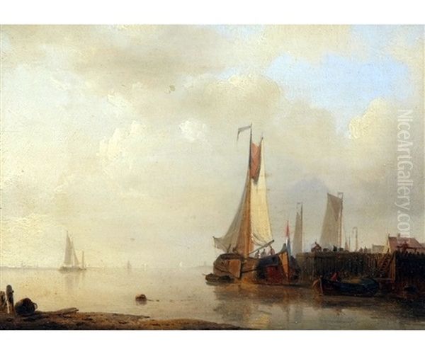 Dutch Harbour With Figures And Fishing Boats Oil Painting by Abraham Hulk the Elder