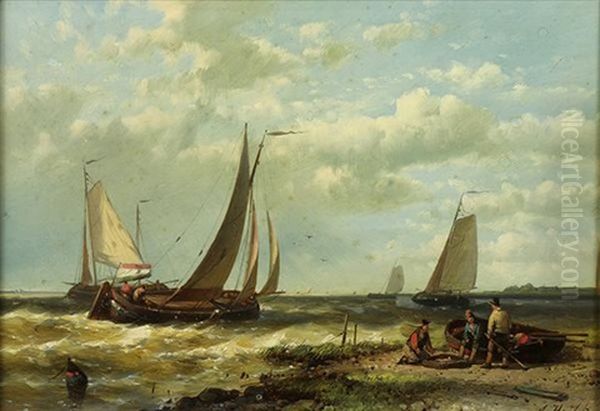 Fishing Boats Off The Coast Oil Painting by Abraham Hulk the Elder