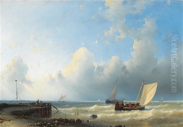 Fishing Boats By The Coast (+ Fishing Boats By The Coast At Sunset; Pair) Oil Painting by Abraham Hulk the Elder