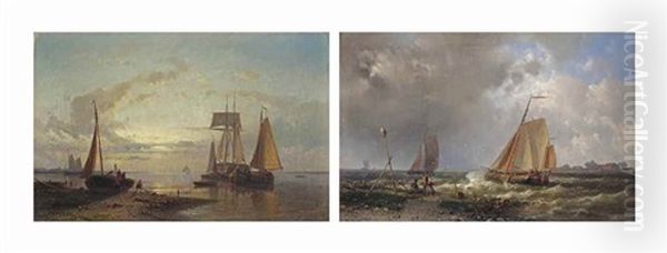 Shipping In A Stiff Breeze Off The Dutch Coast; And Ships At Sunset (pair) Oil Painting by Abraham Hulk the Elder