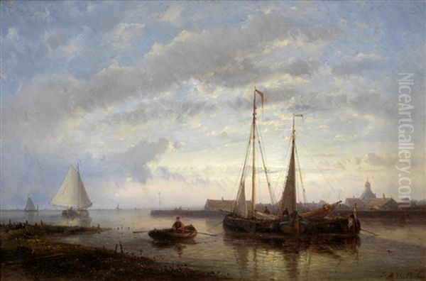 Fishermen At Sunset; Shipping Off The Coast Oil Painting by Abraham Hulk the Elder