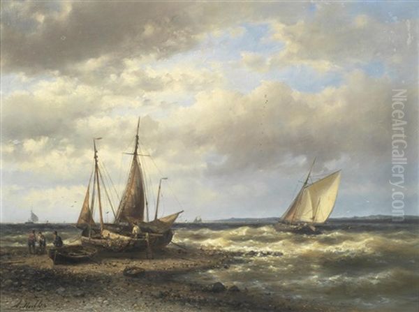 Mending The Nets Ashore On A Blustery Day Oil Painting by Abraham Hulk the Elder